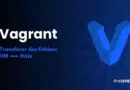 Graphic showing the Vagrant brand with a large blue logo on the right and the French caption 'Transférer des fichiers VM ↔ Hôte' on the left on a dark blue gradient background.