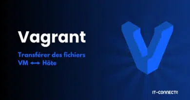 Graphic showing the Vagrant brand with a large blue logo on the right and the French caption 'Transférer des fichiers VM ↔ Hôte' on the left on a dark blue gradient background.
