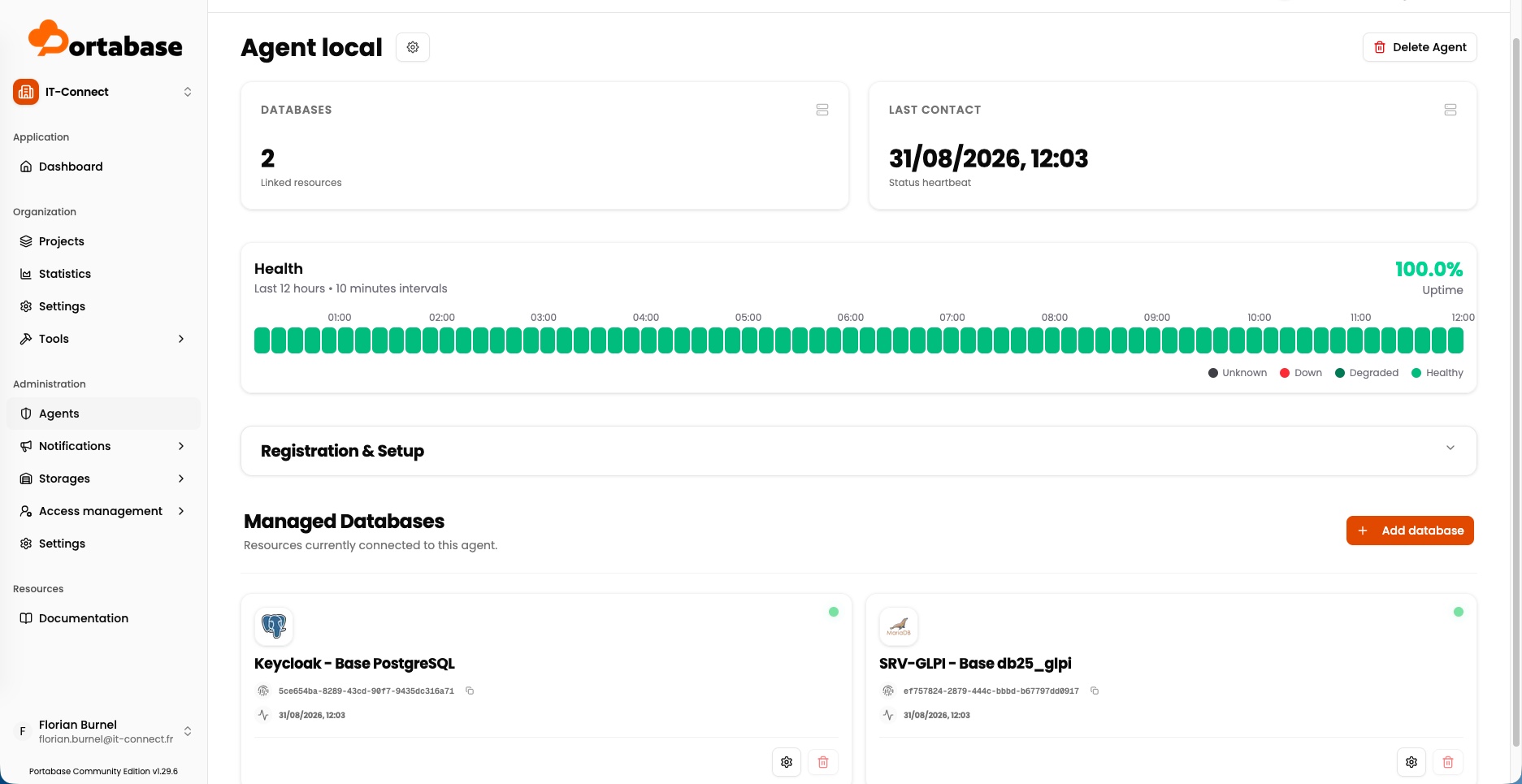 Fiche d'un agent Portabase en ligne avec son historique de disponibilité.