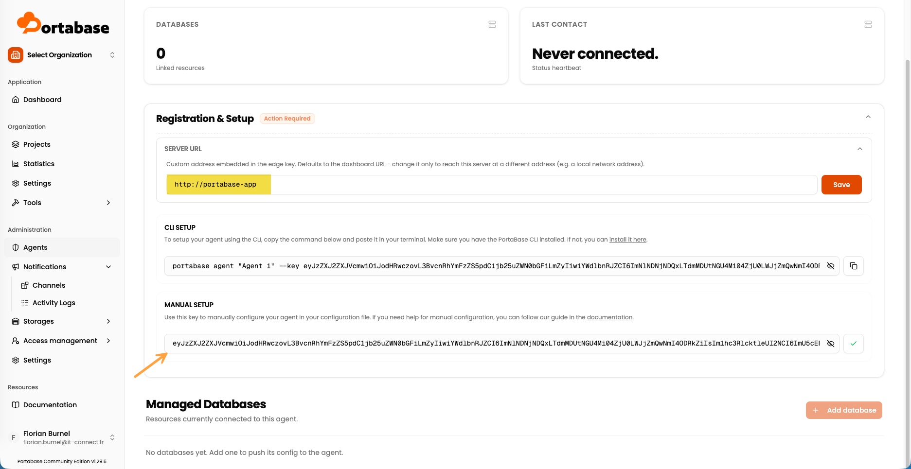 Page de configuration d'un agent Portabase affichant l'Edge Key d'enregistrement et l'URL du serveur