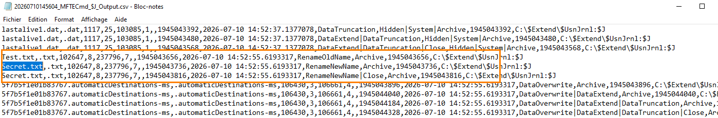 Screenshot of a text editor showing file names; 'Test.txt' and 'Secret.txt' are listed with 'Secret.txt' highlighted/selected.