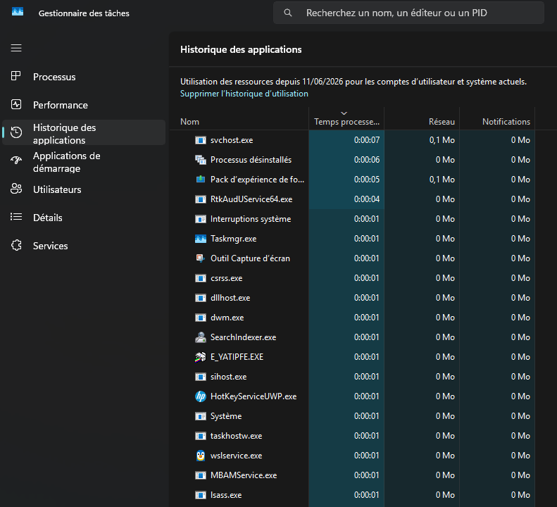 Windows Task Manager App history tab powered by SRUM