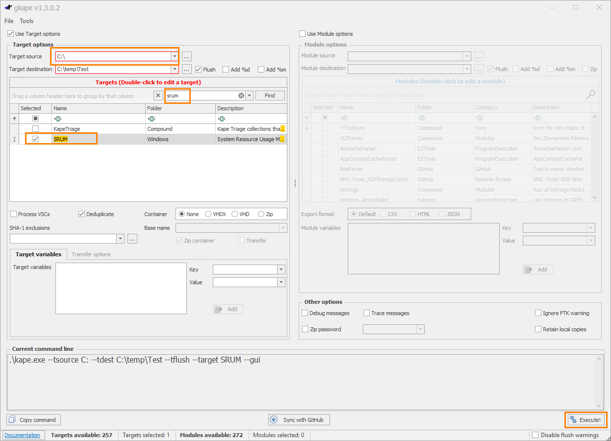 KAPE GUI with source C:", destination C: emp/Test, SRUM target selected; bottom shows command line ready to execute.