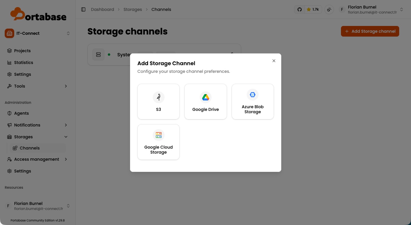 Fenêtre d'ajout d'un canal de stockage Portabase avec les options S3, Google Drive et Azure