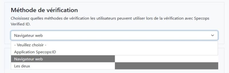 Choix de la méthode de vérification dans Specops Verified ID, application Specops:ID ou navigateur web
