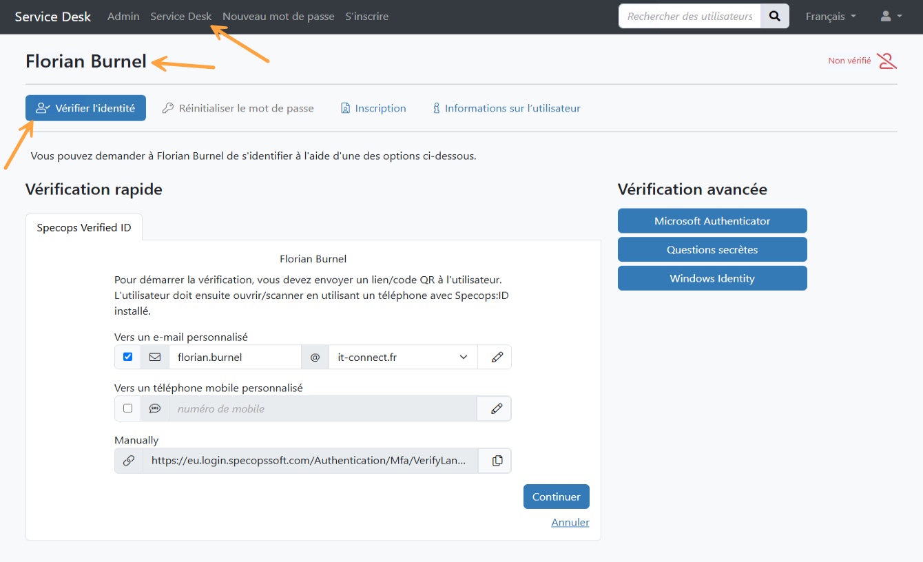 Déclenchement d'une vérification Specops Verified ID par un agent depuis Specops Secure Service Desk