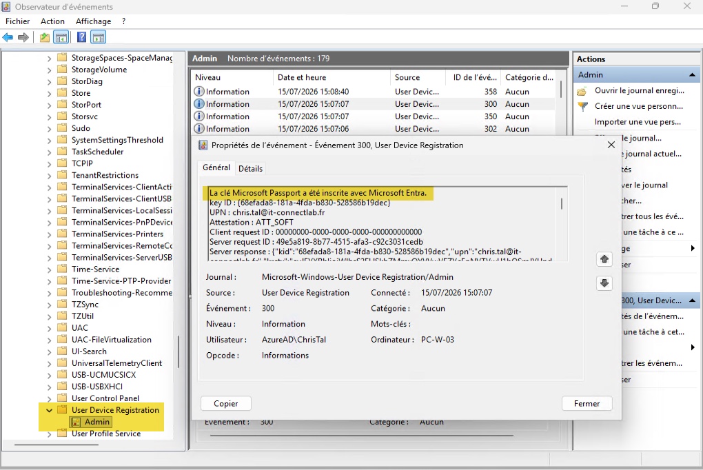 Event 300 confirming Microsoft Passport key registration with Microsoft Entra.