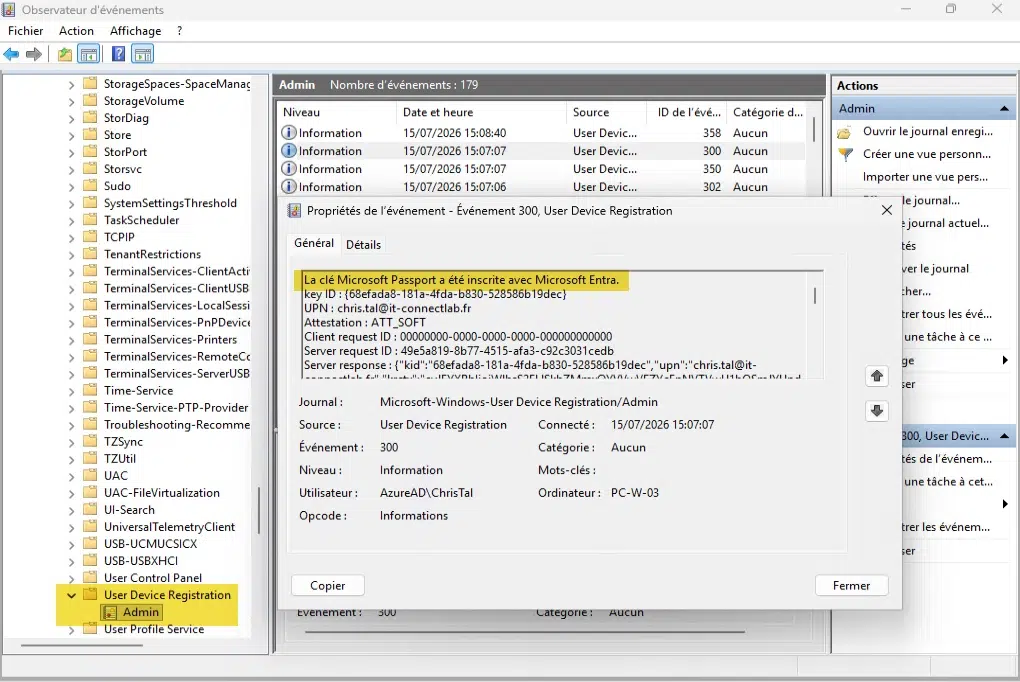 Event 300 confirming Microsoft Passport key registration with Microsoft Entra.