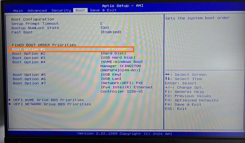 Configure the BIOS to boot from a Windows 11 USB drive