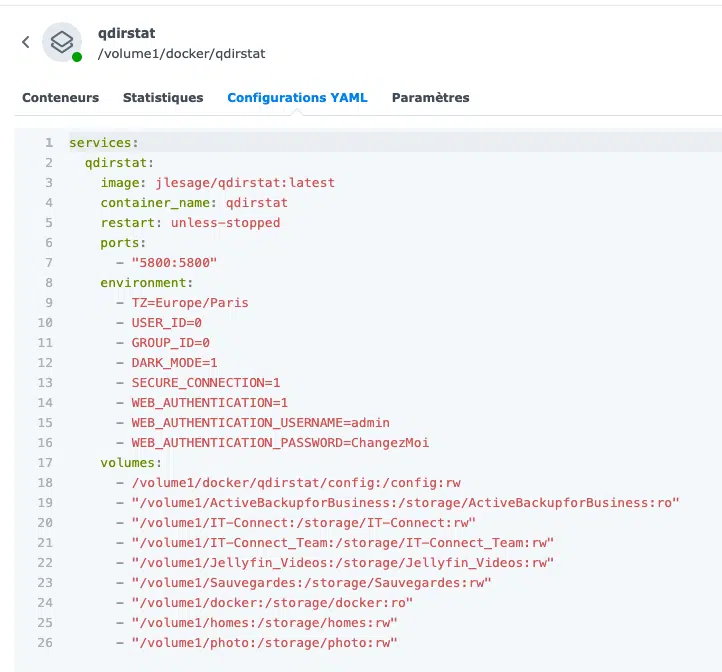 Fichier Docker Compose de QDirStat dans Container Manager sur un NAS Synology