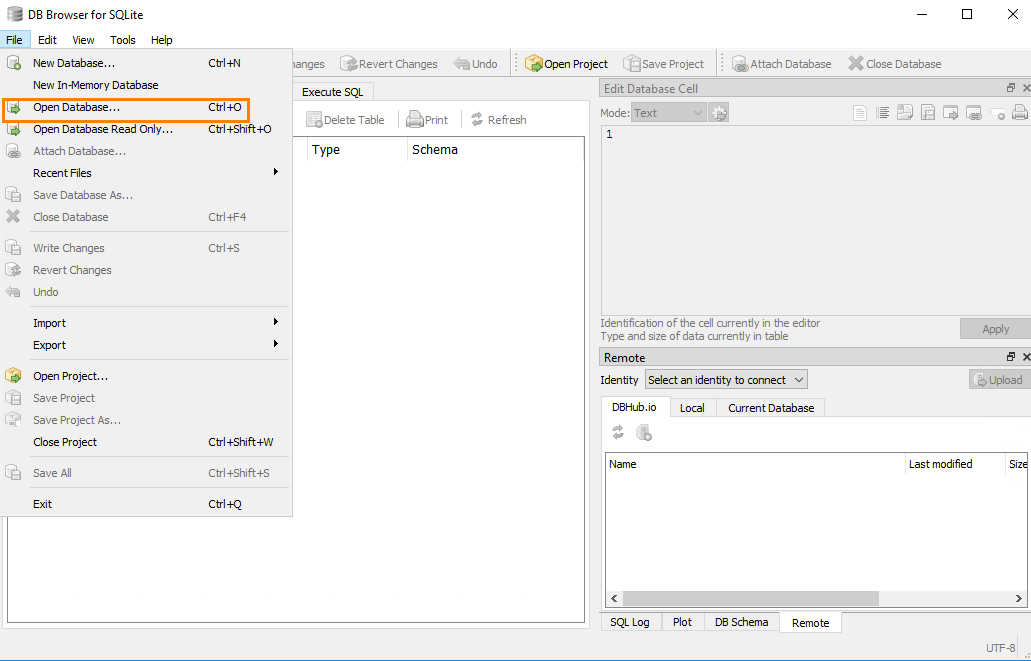 DB Browser for SQLite window with the File menu open, highlighting Open Database… (Ctrl+O)