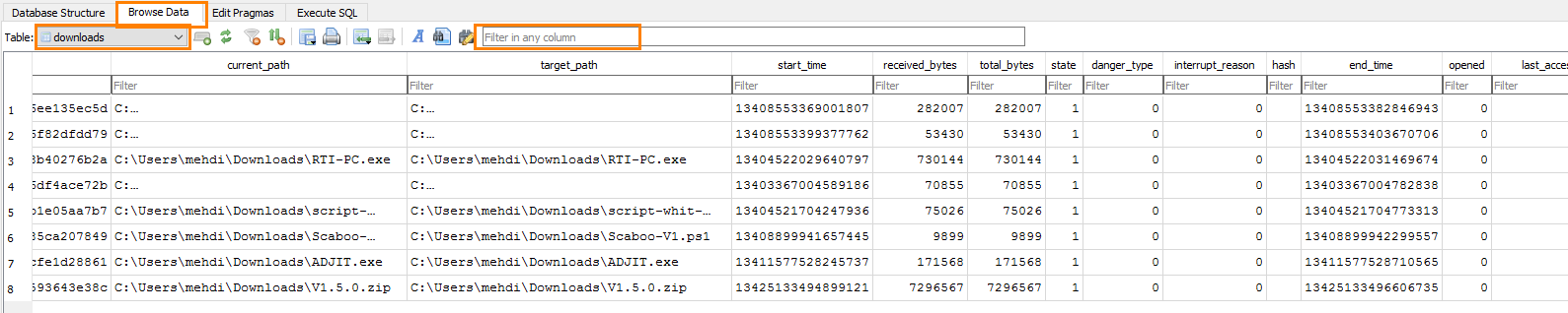 Database client: Browse Data view for table 'downloads', showing columns like current_path, target_path, start_time, received_bytes, total_bytes, state, end_time, hash, opened; filter/search boxes visible.