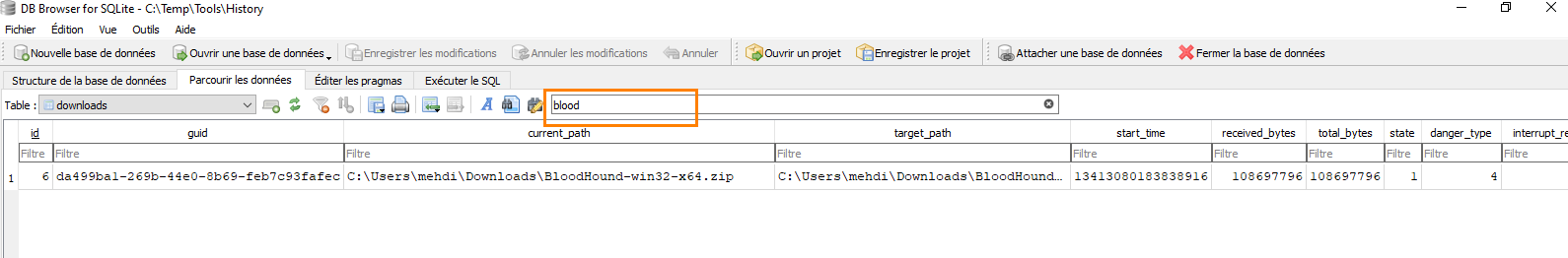 Screenshot of DB Browser for SQLite showing a search for 'blood' in the downloads table; results display current_path and target_path fields.
