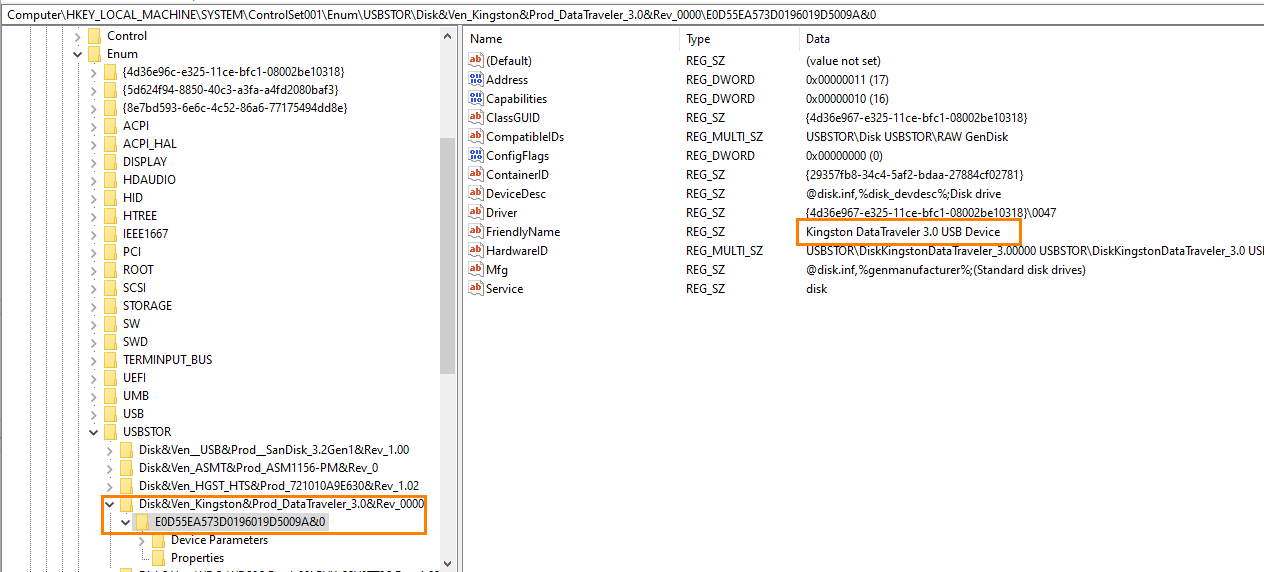 Windows Registry Editor showing a USB storage entry for Kingston DataTraveler 3.0 under HKEY_LOCAL_MACHINESYSTEMControlSet001EnumUSBSTOR, with device description: Kingston DataTraveler 3.0 USB Device