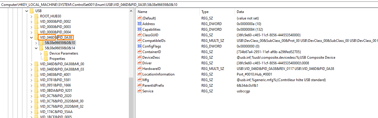 Windows Registry Editor: USB device entry for Logitech (VID_046D PID_0A38) under Enum, with properties shown on the right pane.