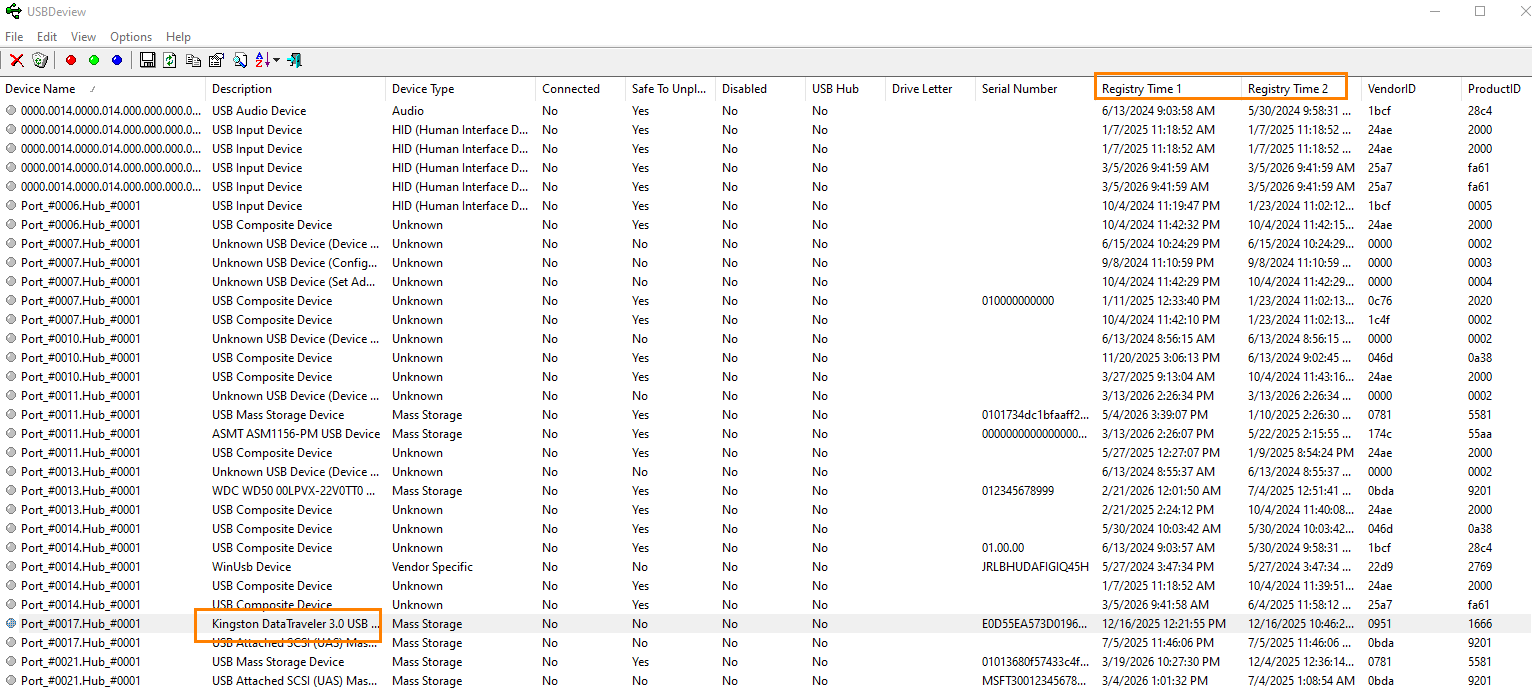 Window showing USBDeview device list with columns like Device Name, Description, USB Hub, and Registry Time 1/2; Kingston DataTraveler 3.0 USB Mass Storage highlighted in the list