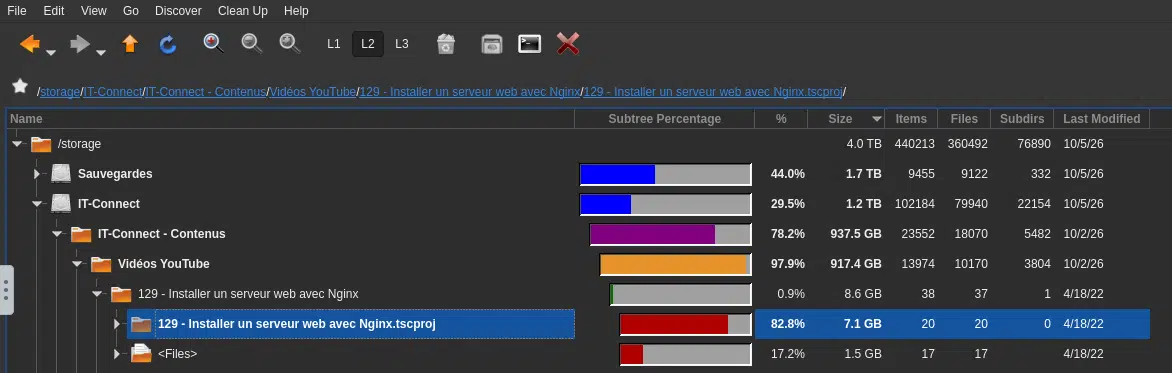 Identifier un fichier volumineux avec QDirStat sur un NAS Synology