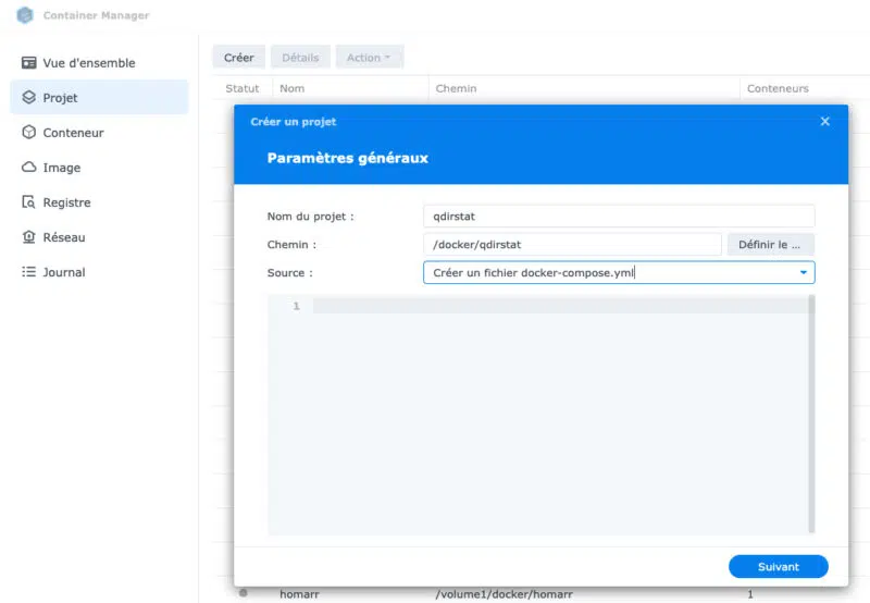 Container Manager Synology : création du projet Docker Compose qdirstat