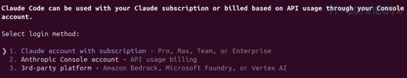 Sélectione de la méthode d'authentification dans Claude Code CLI.