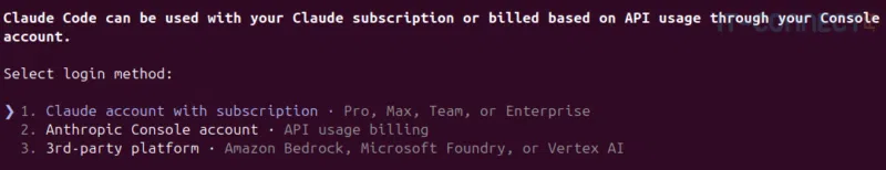 Sélectione de la méthode d'authentification dans Claude Code CLI.