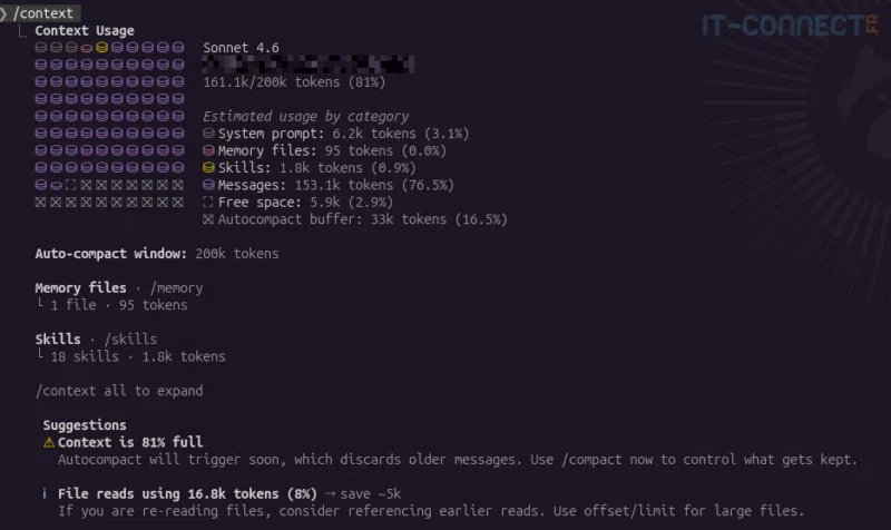 output of the /context command in Claude Code, showing the context window split by category.