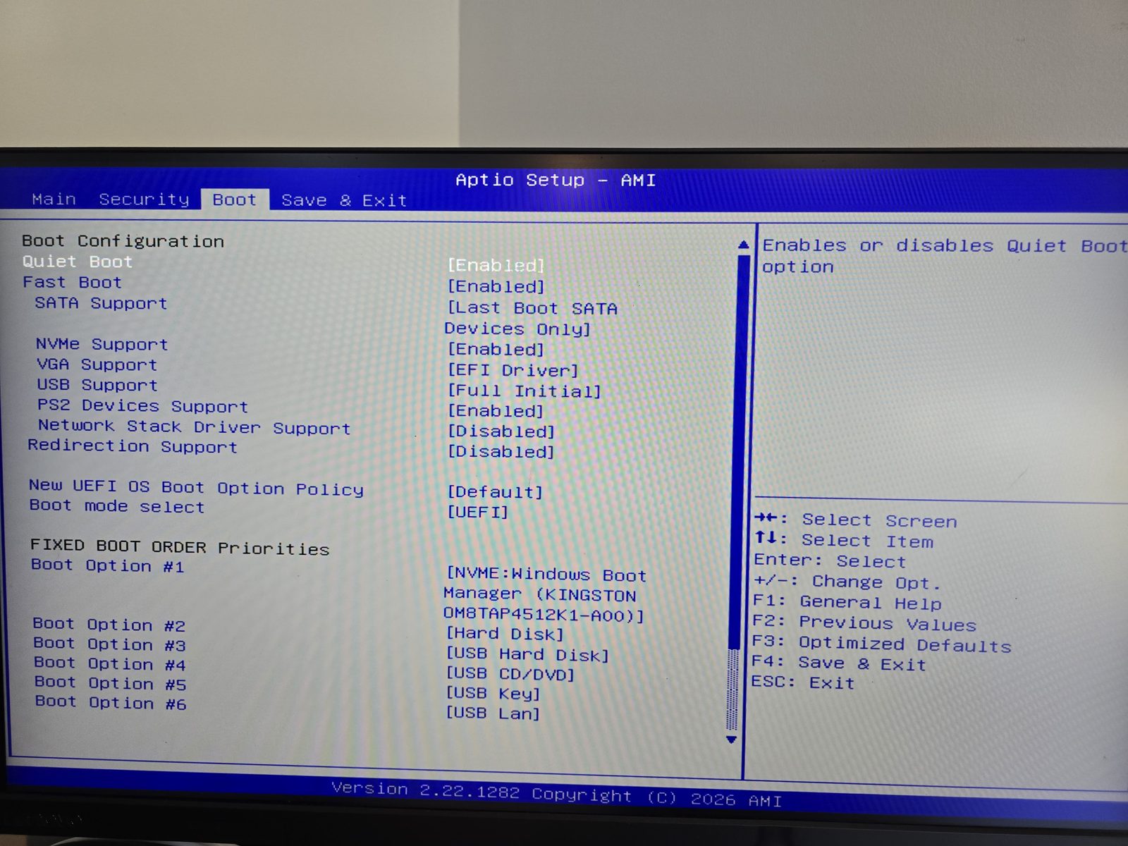 Onglet Boot du BIOS du Geekom A5 2027 Edition avec Fast Boot et ordre de démarrage UEFI