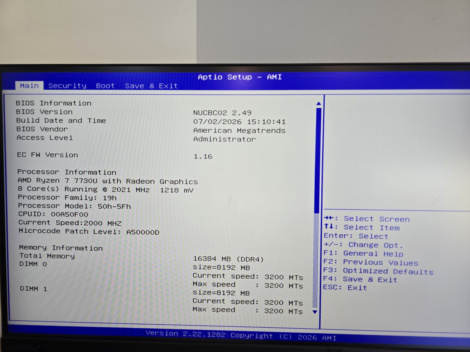 Onglet Main du BIOS AMI Aptio du Geekom A5 2027 Edition avec le Ryzen 7 7730U et 16 Go de DDR4