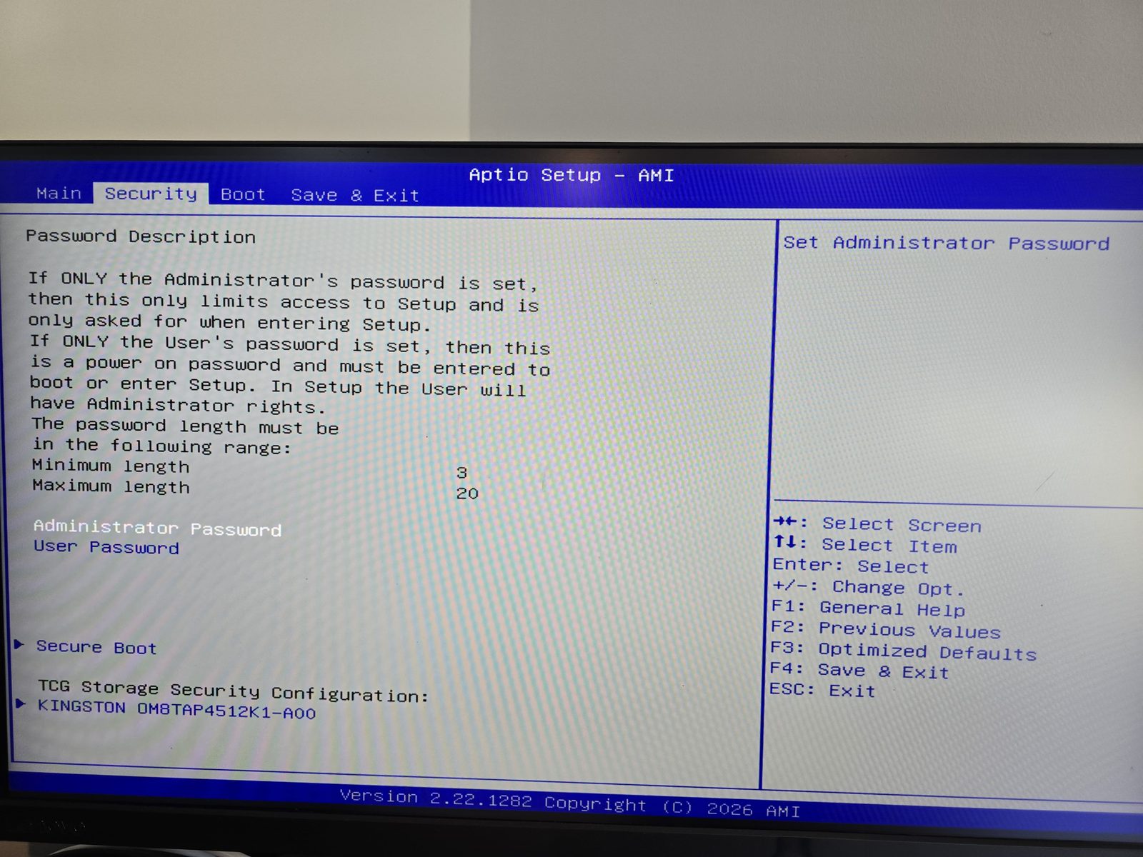 Onglet Security du BIOS du Geekom A5 2027 Edition avec mots de passe et Secure Boot