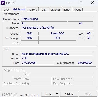CPU-Z onglet Mainboard du Geekom A5 2027 Edition avec BIOS AMI version 2.49