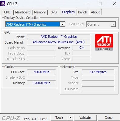 CPU-Z onglet Graphics avec la puce AMD Radeon Graphics du Geekom A5 2027 Edition