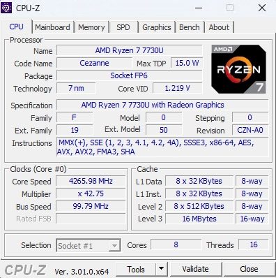 CPU-Z affiche les caractéristiques du processeur AMD Ryzen 7 7730U du Geekom A5 2027 Edition