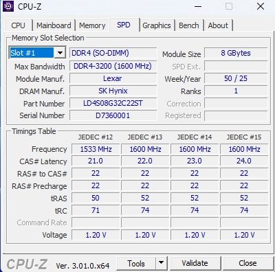 CPU-Z onglet SPD avec une barrette Lexar DDR4-3200 de 8 Go dans le Geekom A5 2027 Edition