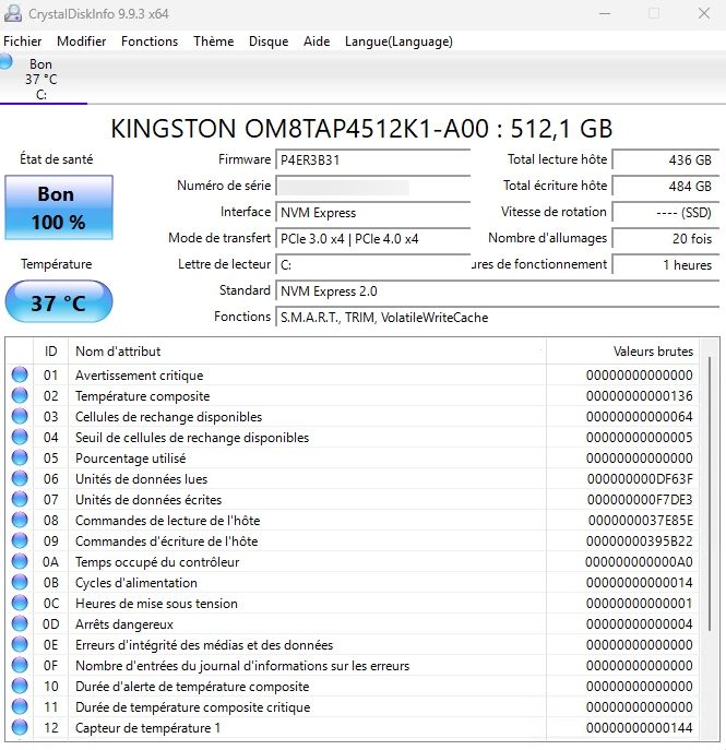 CrystalDiskInfo affiche le SSD Kingston OM8TAP4512K1 en PCIe 3.0 x4 dans le Geekom A5 2027 Edition