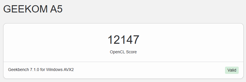 Score Geekbench 7 OpenCL de la puce AMD Radeon Graphics du Geekom A5 2027 Edition