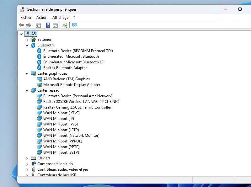 Gestionnaire de périphériques du Geekom A5 2027 Edition avec la carte Wi-Fi 6 Realtek 8852BE et le contrôleur 2,5 GbE