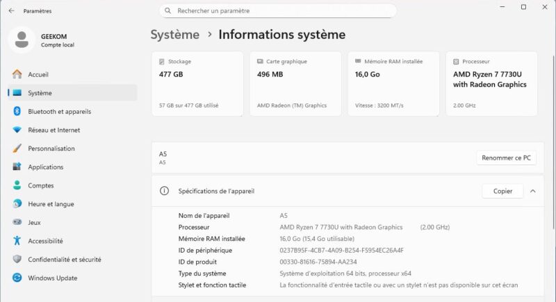 Informations système de Windows 11 sur le Geekom A5 2027 Edition avec Ryzen 7 7730U et 16 Go de RAM