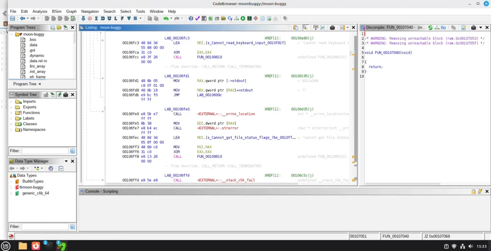 Ghidra CodeBrowser interface showing disassembly and decompilation of the moon-buggy binary