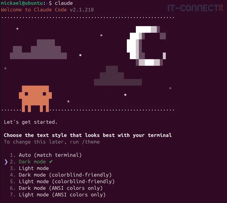 Sélectione du thème au lancement de Claude Code CLI.